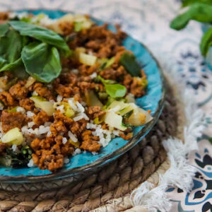 zilvervliesrijst met kruidig gehakt